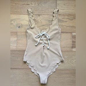 Marysia Palm Springs Maillot Scalloped Lace Up One Piece Swimsuit Tan White S